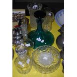 ASSORTED GLASSWARE INCLUDING LARGE GREEN TINTED SHIPS DECANTER AND STOPPER, CUT GLASS FRUIT BOWL,