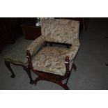 LATE 19TH/EARLY CENTURY MAHOGANY FRAMED ARMCHAIR WITH STUFFOVER SEAT, BACK AND ARMS, WITH ORIGINAL