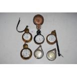 SIX ASSORTED WHITE METAL AND BRASS CASED RAILWAY MENS TYPE POCKET WATCHES INCLUDING A BIRMINGHAM