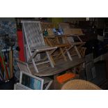EXTENDING TEAK GARDEN TABLE, PARASOL, SIX CHAIRS COMPRISING FOUR SIDE AND TWO FOLDING ARMCHAIRS,