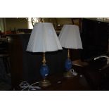 PAIR OF ORMOLU, BRASS AND SIMULATED MARBLE TABLE LAMPS AND SHADES