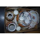 TWO BOXES - ASSORTED CERAMICS AND GLASSWARE INCLUDING TEA WARES, GLASS SUNDAE DISHES, PICQUOTWARE