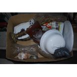 TWO BOXES - ASSORTED CERAMICS AND GLASSWARE, TRANSFER PRINTED EWER, ASHETS, CUT GLASS VASES,