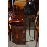 MAHOGANY FRAMED BEVELLED WALL MIRROR, TOGETHER WITH A MAHOGANY INLAID CORNER CABINET