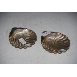 PAIR OF SHEFFIELD SILVER SHELL SHAPED DISHES, EACH RAISED ON THREE BALL FEET