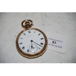 A 9CT GOLD CASED OPEN FACED POCKET WATCH, THE WHITE ROMAN NUMERAL DIAL WITH SUBSIDIARY SECONDS