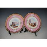 PAIR OF 19TH CENTURY DAVENPORT PORCELAIN PINK GROUND CABINET PLATES DECORATED WITH LANDSCAPE VIEWS