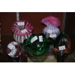 SMALL COLLECTION OF GLASSWARE INCLUDING TWO VICTORIAN OPAQUE WHITE AND PINK FRILLED RIM VASES, A