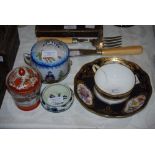 COLLECTION OF ASSORTED CERAMICS INCLUDING MEISSEN COBALT BLUE SAUCE TUREEN BASE, FAIENCE JAR AND