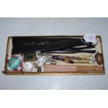 SEWING INTEREST - BOX - ASSORTED ITEMS INCLUDING TWO FANS, EBONISED AND SILVER MOUNTED GLOVE