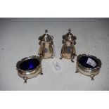 FOUR PIECE BIRMINGHAM SILVER CRUET SET, EACH PIECE INITIALLED A