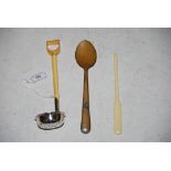 LATE VICTORIAN ELECTROPLATED SIFTING LADLE WITH SPADE SHAPED IVORY HANDLE, WHITE METAL MOUNTED