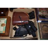 PAIR OF ZOOM BINOCULARS IN LEATHERETTE CASE, A NIKON FIELD SCOPE ND50 AND TWO MODERN PAIR OF