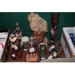 NINE ASSORTED AFRICAN FIGURES TO INCLUDE CARVED ALABASTER BUSTS, SPELTER WARRIOR FIGURES ETC