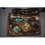 BOX - ASSORTED EP AND BRASSWARE INCLUDING BELLOWS, CANDLESTICK, MINIATURE GONG, TOASTING FORK, ETC.