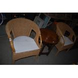 PAIR OF CONSERVATORY ARMCHAIRS AND A STAINED WOOD CIRCULAR OCCASIONAL TABLE