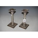 PAIR OF SHEFFIELD SILVER CORINTHIAN COLUMN CANDLESTICKS WITH DETACHABLE DRIP PANS