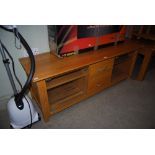 SMALL COLLECTION OF FURNITURE INCLUDING PINE TV/HIFI UNIT, SET OF THREE BEECH TABLES, BEECH
