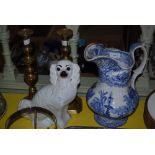 VICTORIAN TRANSFER PRINTED BLUE AND WHITE EWER, PAIR OF VICTORIAN BRASS CANDLESTICKS,