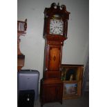 A 19TH CENTURY OAK LONGCASE CLOCK WITH PAINTED DIAL