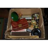 SMALL BOX OF ODDS CONTAINING LACQUERED BELLS, HAND WARMER, HAT PIN HOLDER, PURSES ETC