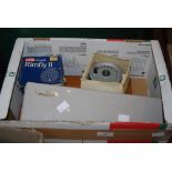 BOX OF ASSORTED FISHING TACKLE AND REELS TO INCLUDE FLY FISHING MATERIALS, FEATHERS, ROOM FLY REEL
