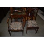 SIX ASSORTED 19TH CENTURY CHAIRS INCLUDING THREE WALNUT FRAMED SIDE CHAIRS WITH STUFFOVER SEATS, TWO