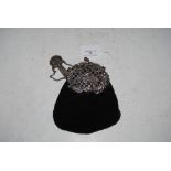 LONDON SILVER MOUNTED BLACK VELVET LADIES EVENING BAG WITH PIERCED SCROLL AND FLORAL MOUNTS