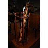 REPRODUCTION MAHOGANY STICK STAND, COLLECTION OF WALKING STICKS AND CANES, ONE WITH DOG HEAD