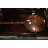 VICTORIAN COPPER BED WARMING PAN WITH TURNED HANDLE