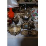 LARGE QUANTITY OF ASSORTED EP WARES TO INCLUDE THREE TIER CAKE STAND WITH PICTORIAL DECORATED