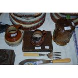 COLLECTION OF ASSORTED CERAMICS, PLATED WARE AND GLASSWARE INCLUDING SMOKED GLASS JAR AND COVER, TWO