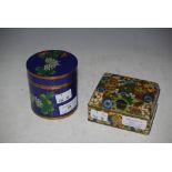 JAPANESE CLOISONNE BLUE GROUND CYLINDRICAL BOX AND COVER, TOGETHER WITH ANOTHER RECTANGULAR SHAPED