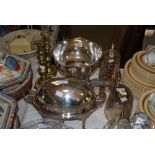 COLLECTION OF ASSORTED EP WARES INCLUDING BREAKFAST DISH, THREE PIECE TEA SERVICE, FRUIT COMPORT,