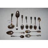 COLLECTION OF SILVER FLATWARE INCLUDING EARLY 19TH CENTURY FIDDLE PATTERN LADLE, LONDON, MAKERS MARK
