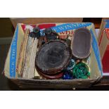 BOX - ASSORTED ITEMS INCLUDING ART GLASS PAPERWEIGHTS, CHINESE CARVED HARDWOOD STAND, ORDINANCE