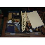 SMALL BOX OF ODDS CONTAINING COINAGE, ELEPHANT GROUP, MINIATURE PRINTS, SPIRIT LABELS, MEERSCHAUM