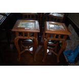 TWO STAINED PINE TILE TOP PLANT PEDESTALS