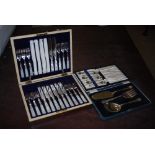 THREE BOXED SETS OF EP CUTLERY INCLUDING SIX COFFEE SPOONS IN CASE, SET OF THREE SERVERS IN CASE,