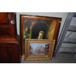 GILT FRAMED OIL PAINTING - TOWN SCENE BY R. ALEX, GILT FRAMED PRINT - YOUNG GIRL WITH FRUITS AND A