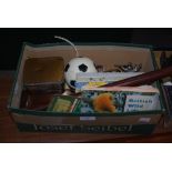 BOX OF ODDS CONTAINING COLLECTORS CARDS, DRAWING RULE, COSTUME JEWELLERY, MONEY BANK ETC
