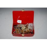 RED LEATHERETTE JEWELLERY BOX CONTAINING ASSORTED COSTUME JEWELLERY AND A TIGERS EYE BEADED