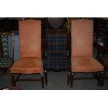 PAIR OF MAHOGANY FRAMED HIGH BACK HALL CHAIRS WITH STUFFOVER SEATS AND BACKS, TOGETHER WITH A