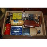 SMALL BOX OF ODDS CONTAINING SPIRIT FLASKS, CORKSCREWS, ADVERTISING TINS, BLOTTER AND INK CONTAINERS