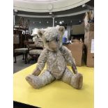 VINTAGE PLUSH TEDDY BEAR, COMPOSITION SMALL CASE AND LACQUERED TWO HANDLED TRAY