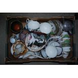 TWO BOXES - ASSORTED CERAMICS AND GLASSWARE INCLUDING FRUIT SETS, TEA WARES, ANIMAL FIGURINES, ETC.
