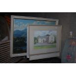 MAY M. BROWN - COUNTRY HOUSE - WATERCOLOUR, TOGETHER WITH THREE OTHER DECORATIVE PICTURES