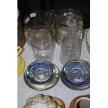COLLECTION OF ASSORTED GLASSWARE INCLUDING HAND PAINTED GLASS JUG DECORATED WITH HUNTSMEN, CUT GLASS