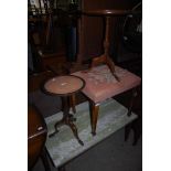 TWO MAHOGANY CIRCULAR WINE TABLES, MAHOGANY FRAMED DRESSING TABLE STOOL WITH EMBROIDERED TOP AND A