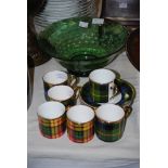 GREEN TINTED GLASS FRUIT BOWL, SET OF SIX TARTAN COFFEE CANS AND SAUCERS